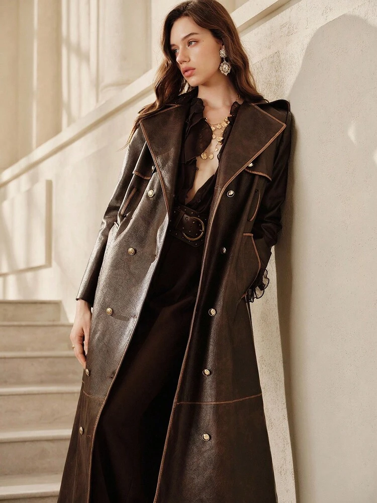 Women's Brown PU Distressed Long Jacket, Belted Waist, Regular Fit Outerwear For Winter