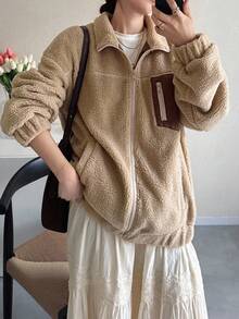 FRIFUL 女士杏色立领蓬松拼接撞色下摆宽松休闲百搭常规外套，适合秋季保暖内衬，冬季女式外套 - 駝色 - 查看 3