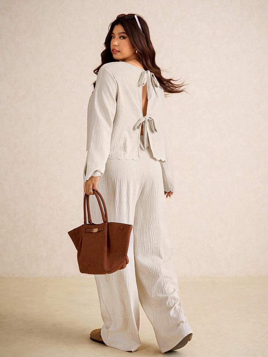 Elaquor Plus Size Solid Color Drawstring Shirt And Pants Set, Casual For Spring And Autumn - Apricot - View 1