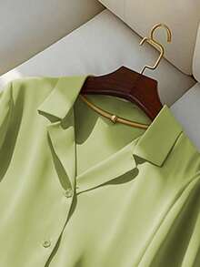 Franclia Casual Versatile Solid Color Turn-Down Collar Short Sleeve Women Blouse, Summer Clothes For University - Army Green - View 4