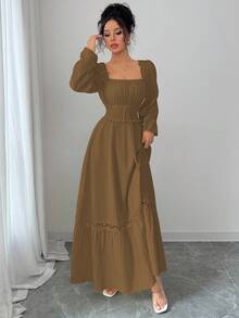 Elenzga Spring/Autumn New Cream Yellow French Design Puff Sleeve Patchwork Frill Trim Elegant High-Waist Slim Long Sleeve Dress - Brown - View 6