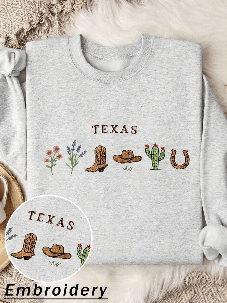 INAWLY Texas Bluebonnet State Embroidered Crew Neck Sweatshirt, Lone Star State, Women's Sweatshirt, Suitable For Fall And Winter, Embroidered Style, Embroidered Decoration, Now Fashionable T-Shirt, Beautiful Sweatshirt, Gift For Siblings, Gift For Sisters, Gift For Mom, Mother's Day Gift, Casual And Fashionable Top