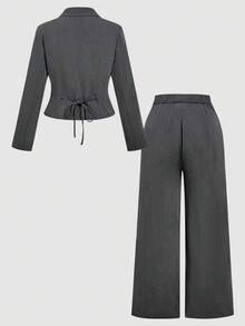 SHEIN MOD 大码女式缺口领正装直筒裤套装，秋冬优雅通勤休闲装 - 深灰色 - 查看 2