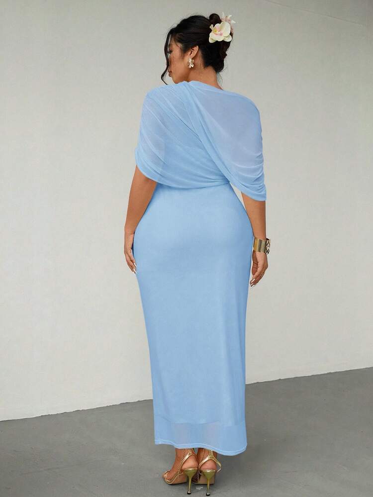 Firerie Plus Size Elegant Romantic Ruffle Asymmetric Waist Fitted Dress, Comfortable Casual New Style For Spring/Summer - Baby Blue - View 2