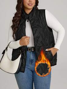 Comfylo Plus Size Solid Color Front Zip Sleeveless Pocket Casual Padded Coat, Daily Wear Winter Fall Autumn