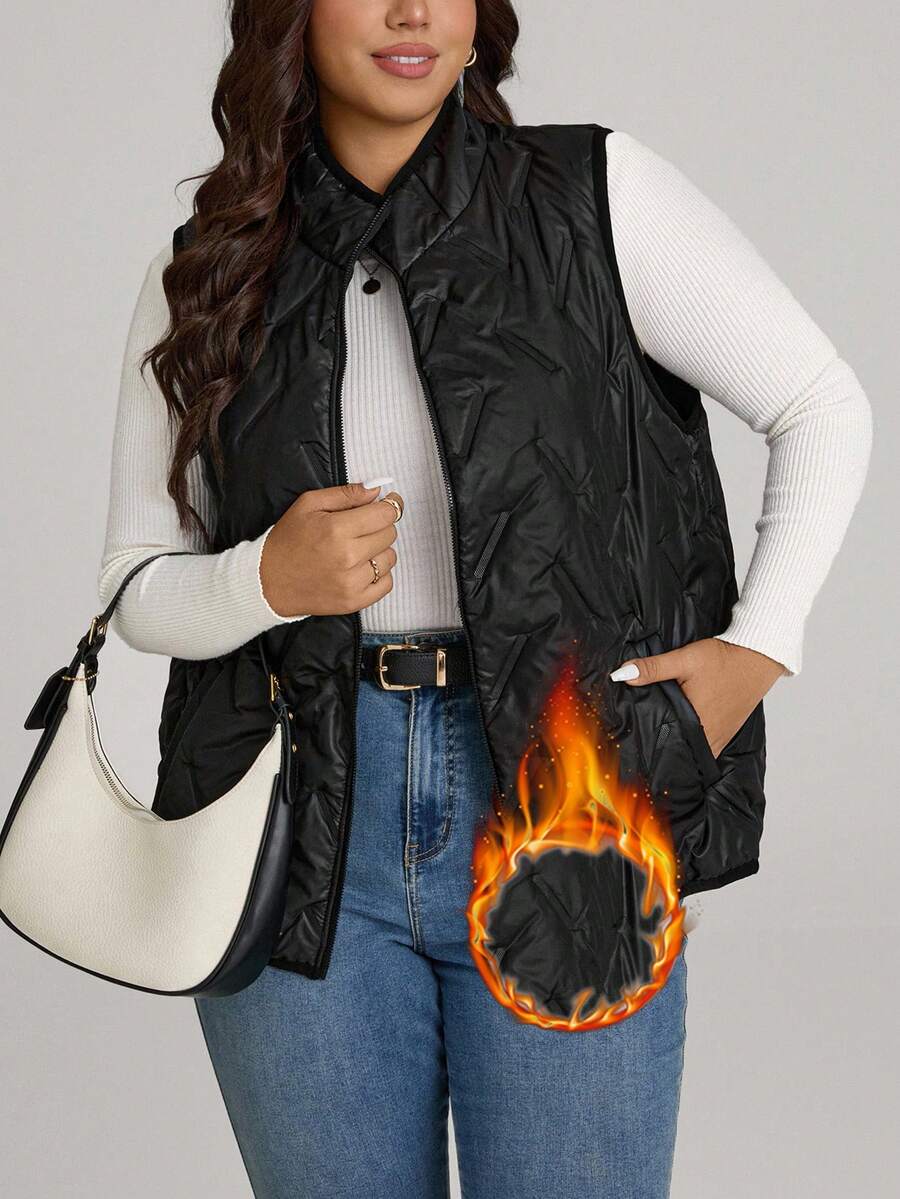 Comfylo Plus Size Solid Color Front Zip Sleeveless Pocket Casual Padded Coat, Daily Wear Winter Fall Autumn