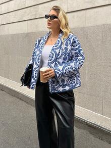 Auralis 大码女式植物图案长袖开襟休闲外套，秋季蓝白短款上衣外套，休闲通勤/冬季 - 藍白色 - 查看 3