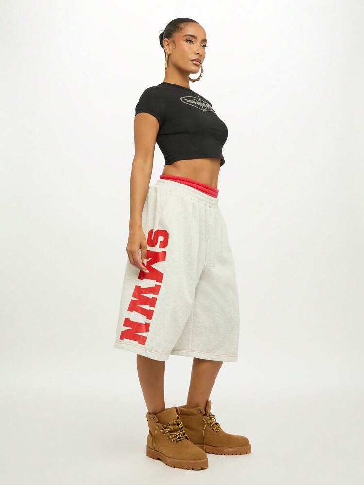 SUMWON WOMEN ラインストーンロゴベビーTシャツ 半袖クロップトップ サマーフェスティバル ストリートウェア