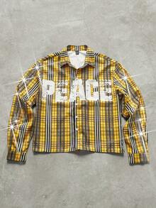 PAVTROS Manfinity Streetrush Men's Yellow Plaid Creative Letter Pattern Rhinestone Embellished Long Sleeve Shirt,Rhinestone,Halloween,Halloween Party,Streetwear Peace Shirt Graphic Shirt Men Vintage Shirt Yellow Plaid Shirt Men Streetwear Shirt, Fall