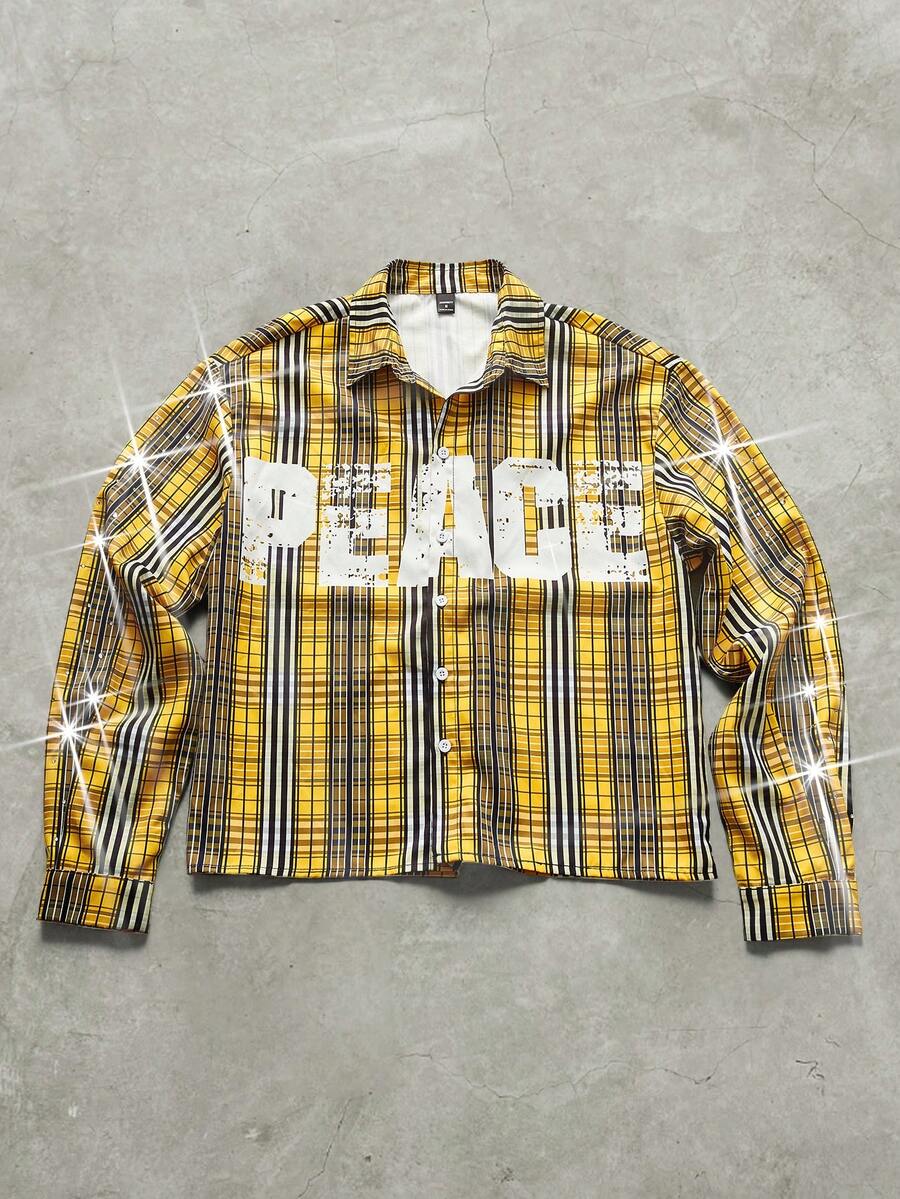 PAVTROS Manfinity Streetrush Men's Yellow Plaid Creative Letter Pattern Rhinestone Embellished Long Sleeve Shirt,Rhinestone,Halloween,Halloween Party,Streetwear Peace Shirt Graphic Shirt Men Vintage Shirt Yellow Plaid Shirt Men Streetwear Shirt, Fall