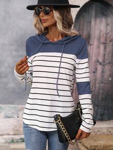 SHEIN LUNE Striped Colour Block Drawstring Hoodie - Navy Blue - View 5