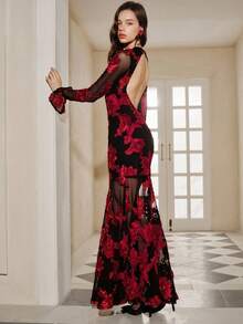 Savoree 白色优雅浪漫精致花卉刺绣露背鱼尾紧身连衣裙新年服装长款女装 - 查看 7