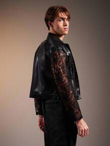 FeverCity Men's Fashion Sexy PU Leather & Contrast Lace Jacket, Fall Winter, Grunge