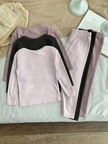 SHEIN LMoss Kids Set de 6 piese pentru fete, croială potrivită, toamnă/iarnă - Include top cu mânecă lungă și guler rotund, pantaloni cu imprimeu de litere la gleznă, lenjerie termică moale și prietenoasă cu pielea, pijamale - Alb-negru - Vizualizare 4