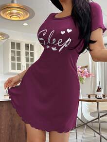 SweetSlumber Women's Casual Short Sleeve Love Letter Print Ins Style Nightgown, Summer - Purple - View 5