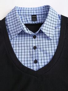 Sweetra 秋季学院风格子衬衫领拼接女式短款连衣裙 - 黑色 - 查看 5