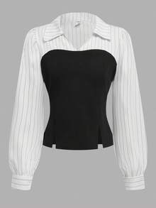 SHEIN مجموعة مكونة من قطعتين مناسبة للمراهقات، ملابس علوية علوي مخطط منسوج باك وسروال أسود ملبس كاجوال أنيق مناسب للربيع والخريف