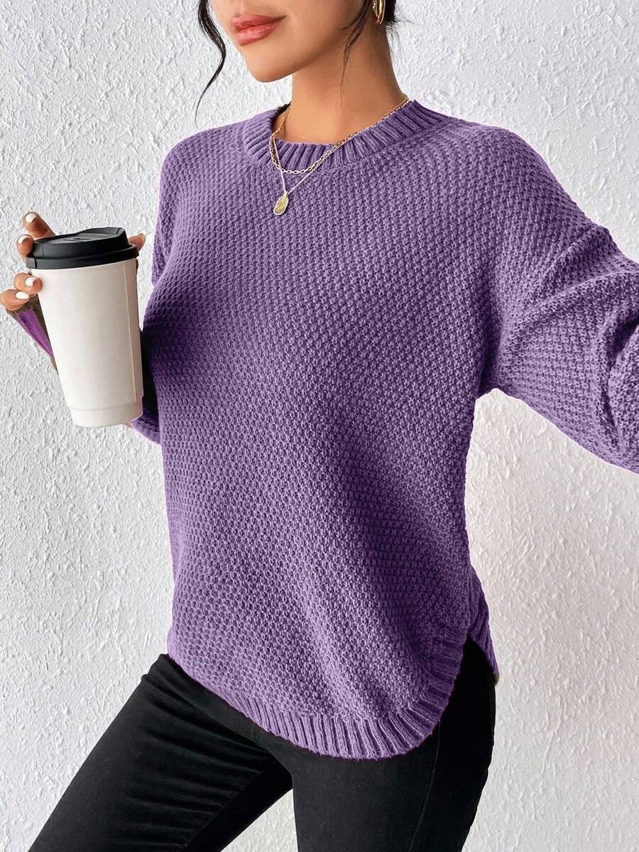 EMERY ROSE Women's Solid Color Round Neck Drop Shoulder Long Sleeve Casual Pullover Sweater, Autumn - Purple - View 1