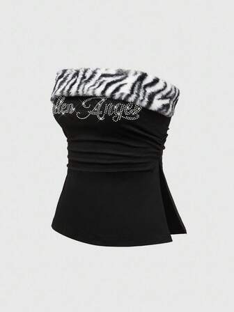 Grunge Punk Top tubo ajustado con aplicaciones de strass, estampado de cebra y parches de estilo subcultura de Shibuya con pelo de conejo para mujeres