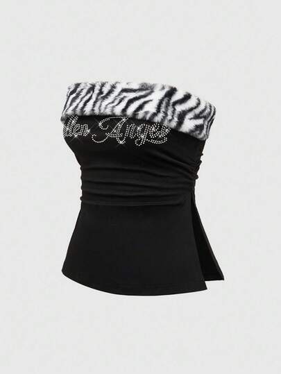 Grunge Punk Shibuya Subkultur Kaninchenhaar Zebra Muster Patchwork Gestrickter Strass verzierter Röhrentop für Frauen