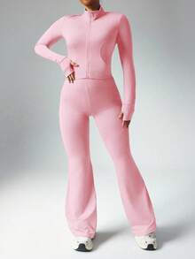 Easithlete Ensemble 2 pièces femme grande taille, veste zippée décontractée avec trou pour le pouce et pantalon évasé taille haute, ensemble rose. Ensemble rose 2 pièces femme, costume rose femme, ensemble rose 2 pièces femme, tenue rose 2 pièces femme, pantalon rose femme, ensemble rose femme, survêtement rose, ensemble 2 pièces rose, Top manches longues rose et ensemble pantalon