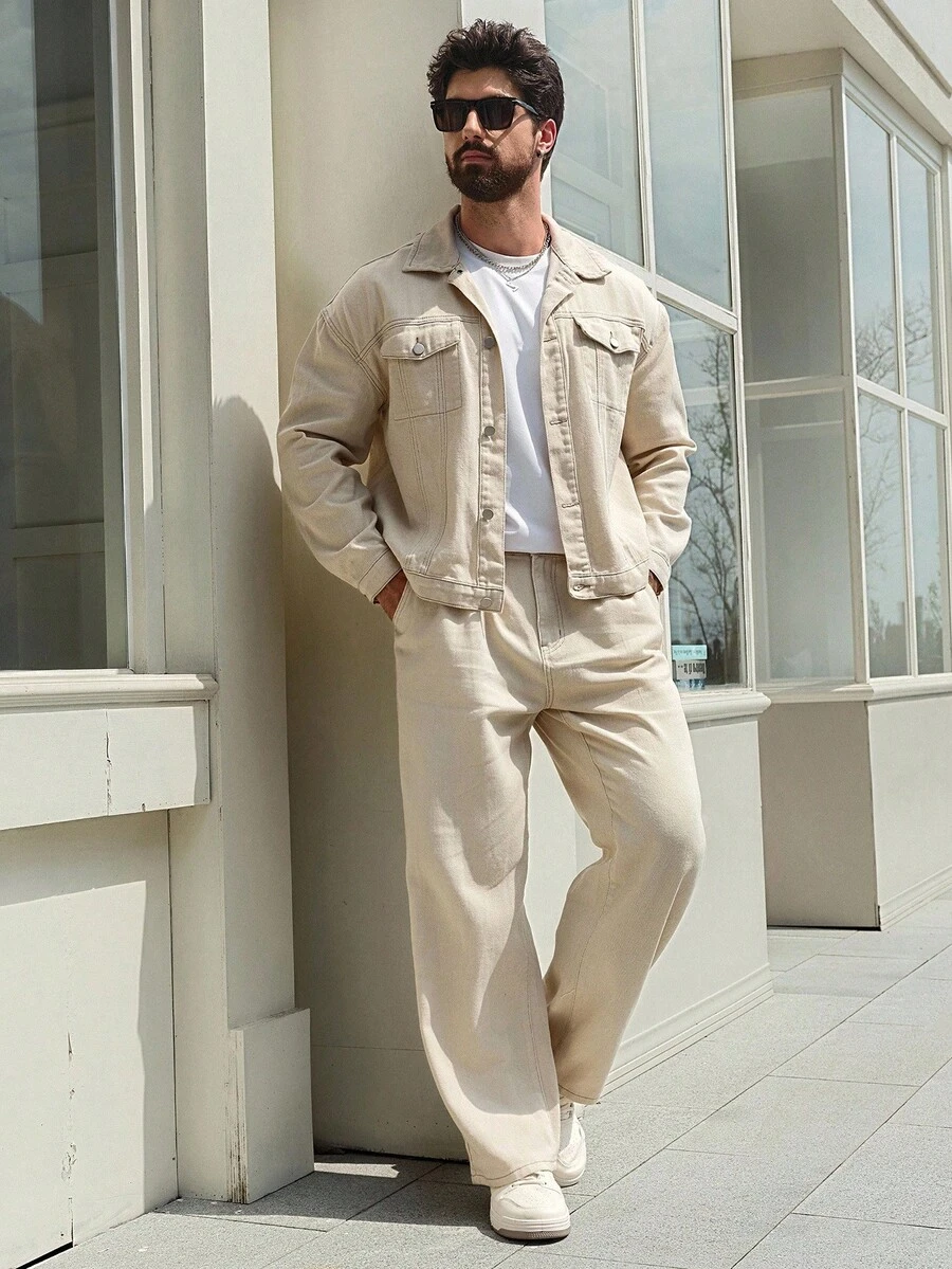 DAZY Solid Color Washed Casual Street Style Men's Denim Suit, Autumn - Khaki - View 1