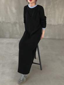 FRIFUL 女式海军蓝纯色撞色领子拼接针织毛衣裙，带吊带，两件套机场旅行装，秋季 - 黑色 - 查看 1