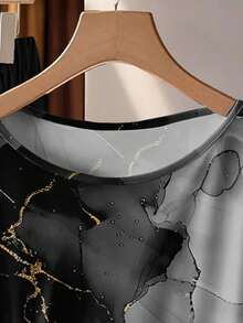 Mellowie Teacher's Day Back To School Season Plus Size Women's Halloween Retro Marble Water Ripple Pattern Bat Sleeve Side Knot Top And Black Solid Color Pants Two Pieces Suit, Suitable For Bride Mother To Attend Halloween Music Festival