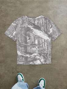 SHEIN Women's Leaf Digital Print Round Neck Short Sleeve Cropped Casual T-Shirt