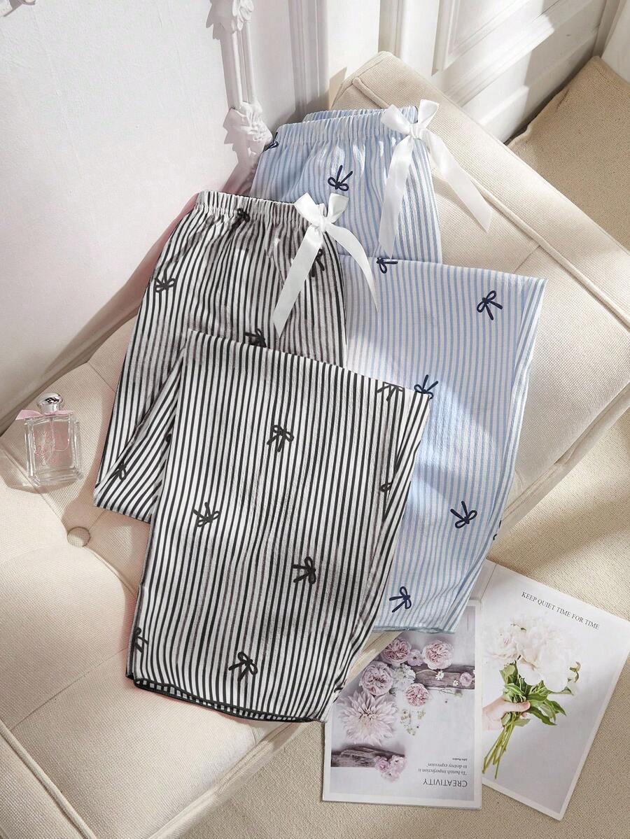 Snug Reverie 2pcs Women Black & Blue Striped Heart & Bow Decor Pants Set, Fall Winter Clothes - Multicolor - View 1