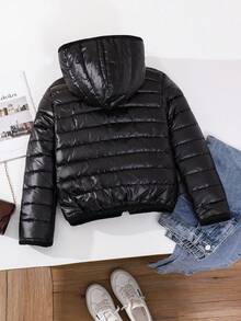 SHEIN 1 pieza Abrigo acolchado con capucha para niñas, unicolor, simple y versátil, para otoño/invierno