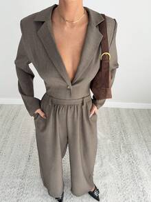 Siren Gaze 新款秋季女式简约纯色深 V 领阔腿棕色连体裤，适合女士办公室服装，老款风格女士，适合通勤和日常穿着 - 卡其色 - 查看 3