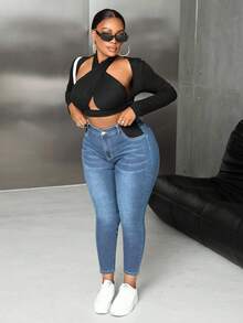 SHEIN PETITE CURVE Quần jean bó co giãn màu xanh denim cỡ lớn cho nữ - Rửa nhẹ - Xem 4