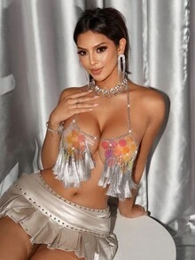 SHEIN 亮片缀饰女式吊带背心 - 銀色 - 查看 6