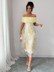 Modelyn Women's Mesh Patchwork Polyester Knit Embroidered Off Shoulder Ruffle Minimalist Sexy Summer Dress - Yellow - View 8