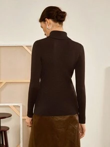 Chiquease 女式高领罗纹修身套头衫，纯色，波西米亚风格打底衫，秋冬 - 咖啡棕 - 查看 2