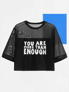 Y2Kool Morgan Reveal 艺术家标语图案网眼拼接T恤，印有“你已足够”字样，95%纯棉，适合夏季、假日、度假、音乐节、伊比沙岛风情、西部风情外出、秋季搭配、休闲时尚服装系列、新年装扮、辣妹风黑色春季穿搭、女士生日装、狂欢节服装。 - 黑色 - 查看 5
