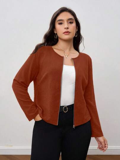 SHEIN Clasi Plus Size Casual Solid Color Jacket, Autumn