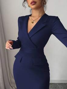 Elenzga 新款女士节日中长连衣裙，西装领长袖不对称鱼尾下摆收腰连衣裙，适合日常穿着、约会、聚会、郊游 - 寶藍色 - 查看 7