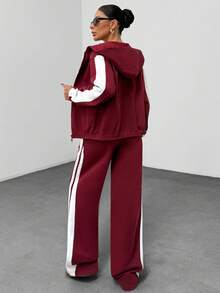 EURMUSE Women's Color Block Sweat Set – Zip Up Hooded Cropped Jacket And High Waist Wide Leg Sweatpants, Elastic Waist, Contrast Panel, Casual Two Pieces Loungewear Tracksuit, Sporty Street Style Co-Ord 2 Pieces Casual Sets Woman Two Pieces Pants Set Woman 2 Pieces Outfits Women's Two Pieces Outfits Casual Two Pieces Set - Burgundy - View 2