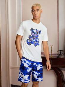 SWAVVY 男士迷彩熊印花短袖動漫T恤和短褲套裝 - 藍色 - 查看 5