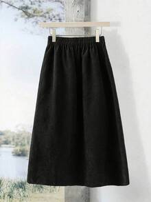 SHEIN LUNE Chân váy chữ A hai túi màu trơn dành cho nữ, phong cách đồng quê thanh lịch, mùa thu đông, vẻ ngoài đồng quê nữ tính, áo len mùa đông cho nữ, chân váy đen mùa thu. - màu đen - Xem 2