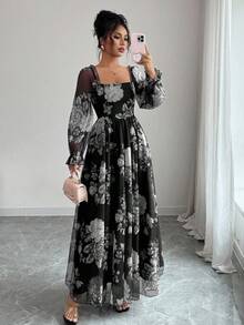 Modelyn 女士方领灯笼袖收腰喇叭下摆网眼花卉印花浪漫优雅连衣裙，适合节日、婚礼和派对 - 彩色 - 查看 1