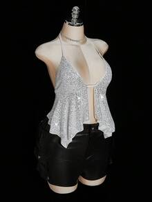 SHEIN ICON Top halter con cuello de lentejuelas y bajo asimétrico sexy, talla grande, top de fiesta con cuello halter de lentejuelas, estilo Y2K - Plateado - Ver 8