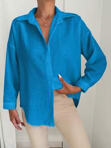 EURMUSE Casual Solid Color Dropped Shoulder Loose Fit Long Sleeve Shirt - Blue - View 1