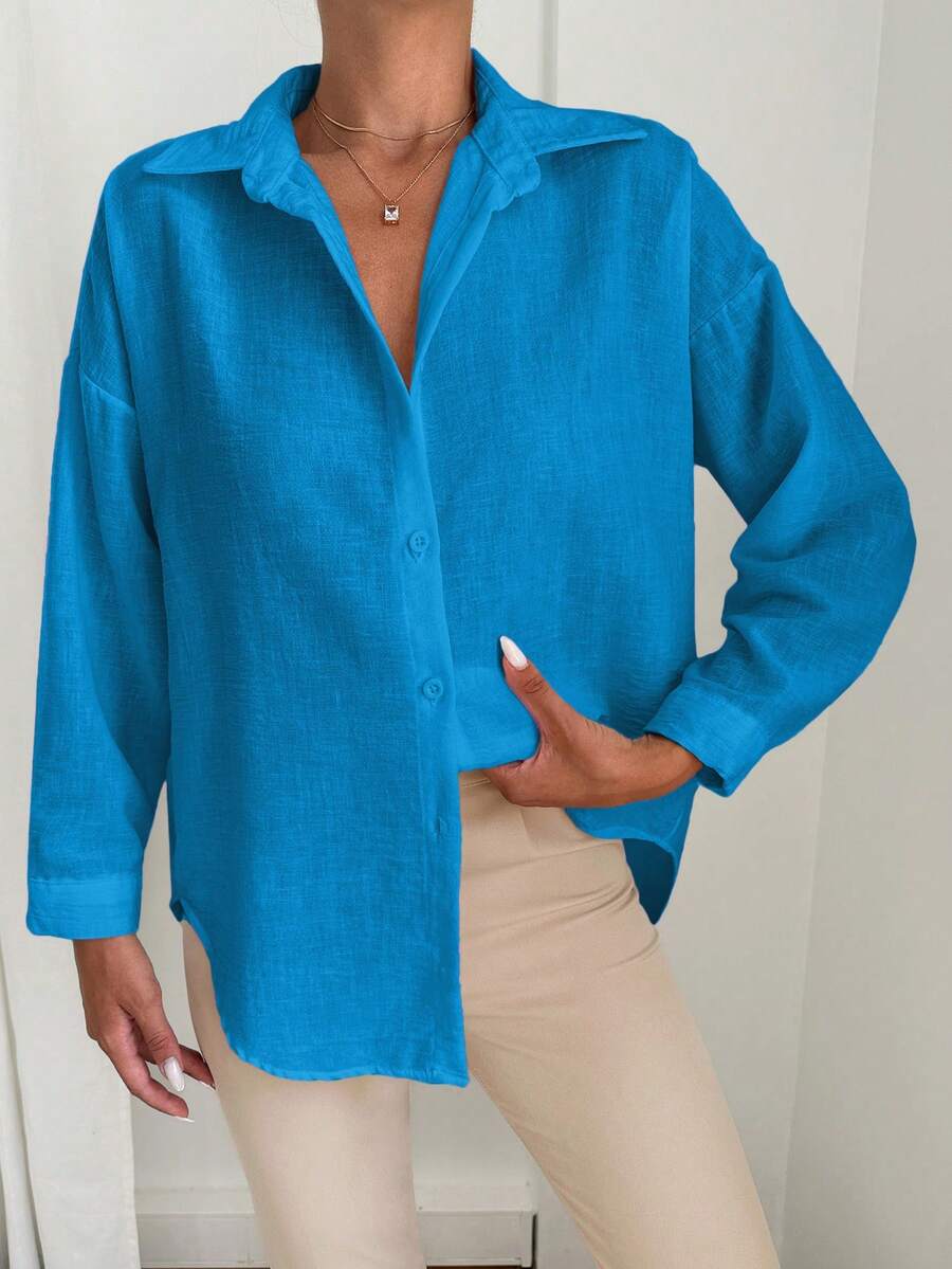 EURMUSE Casual Solid Color Dropped Shoulder Loose Fit Long Sleeve Shirt - Blue - View 1