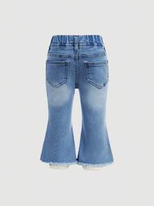 Vaqueros casuales de cintura elástica con bolsillos para niña bebé 2025 de estilo Y2K azul, para uso diario, otoño e invierno, casual y fresco/ Acción de Gracias, primavera y verano casual de vacaciones estilo campestre bohemio, playa, estilo callejero occidental para niña, Spring Break, vaqueros acampanados de festival rave, vaqueros acampanados para bebé - Azul lavado medio - Ver 2