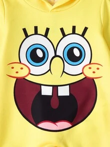 SpongeBob SquarePants | SHEIN Baby Boy Cute Cartoon Pattern Long Sleeve Hooded Knitted Jumpsuit, Yellow Fall Winter