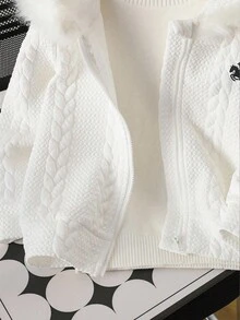 SHEIN Young Girl' Embroidered Decor Hooded Long Sleeve Jacket - White - View 6