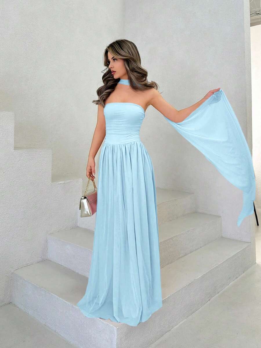 Jemour 女士优雅派对纯色露肩连衣裙 - 藍色 - 查看 1